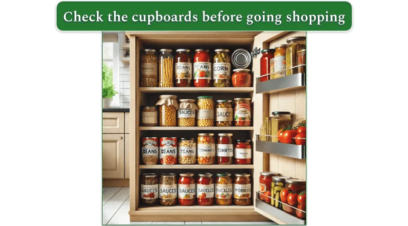 image of a well stocked kitchen cupboard with jars and tins all labeled