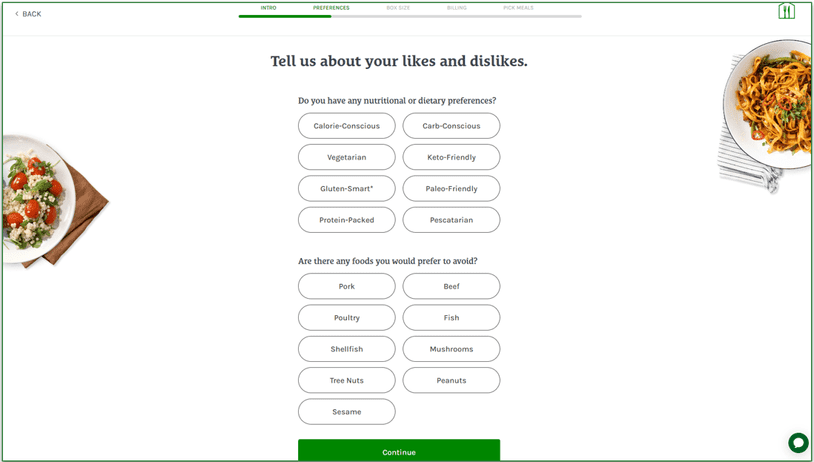 Screenshot of the Fresh and Easy quiz that asks about your preferences an dislikes