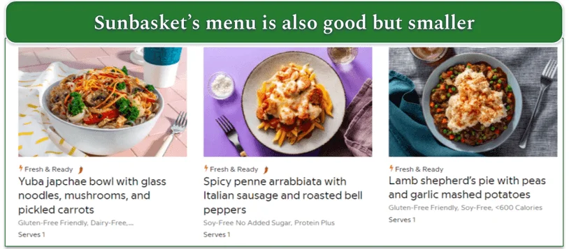 Screenshot of 3 meals on the Sunbasket menu