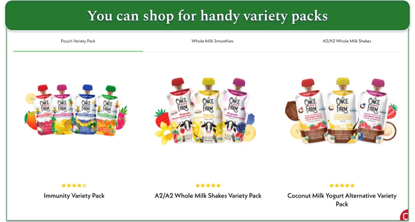 3 options of variety packs from Once Upon a Farm