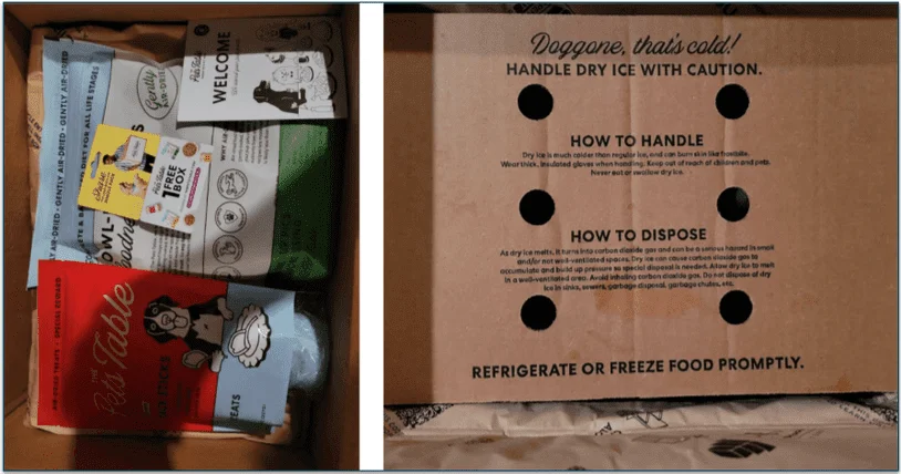 The Pets Table delivery box opened and the dry ice instruction card inside the box