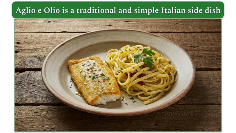 A plate of salmon beside some aglio e olio, Italian style, on a rustic farm table.