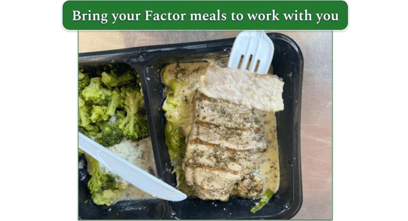 Image of our reviewers black pepper and sage pork chop in the microwaveable container