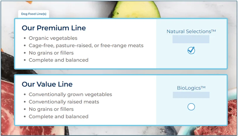 Recommended dog food lines and costs per week recommended during signup