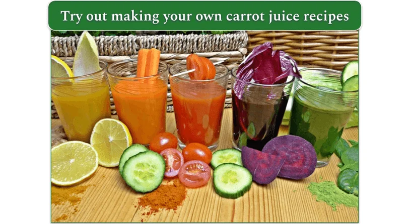 5 different colored glasses of fruit and vegetable juices with sliced fruit and vegetables in front of the glasses