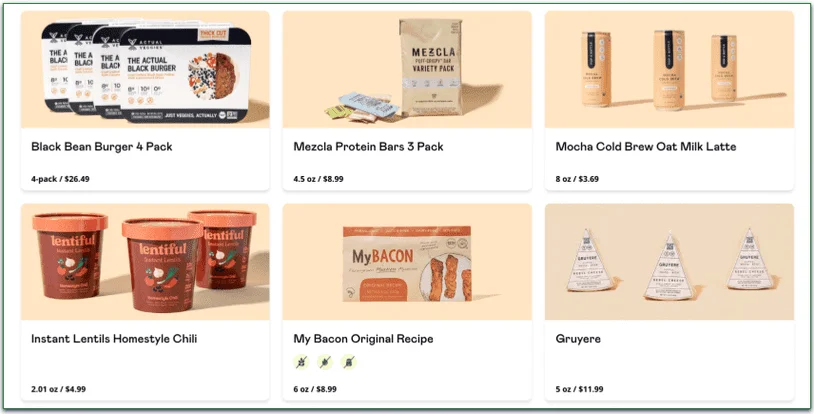 Different items of various price points in Purple Carrot's Grocery menu