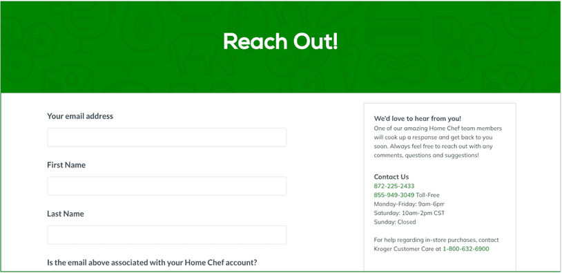 A screenshot of Home Chef's Contact Us page, which is also the Fresh and Easy contact us page.