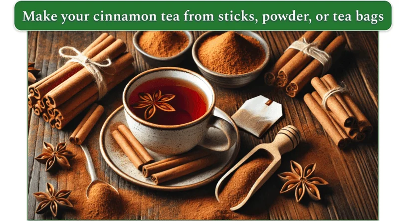 Cup of cinnamon tea surrounded by cinnamon powder, a tea bag, and cinnamon sticks