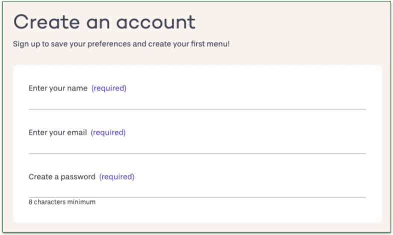 screenshot of PlateJoy account creation