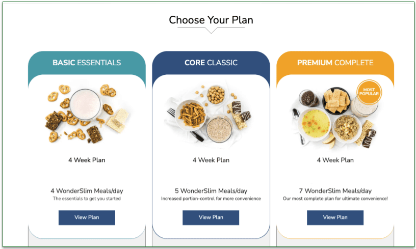 Screenshot of WonderSlim's Plan options
