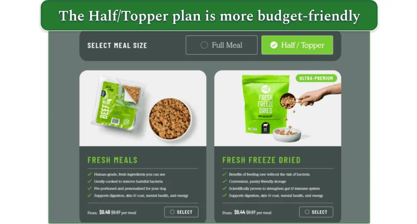 Meal size selection screen with prices for fresh and freeze-dried meals
