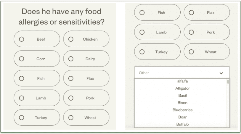 A picture of Ollie’s menus for dog allergies