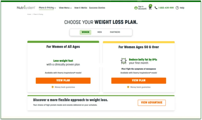 Screenshot of the weight loss plans screen with the women's plans showing