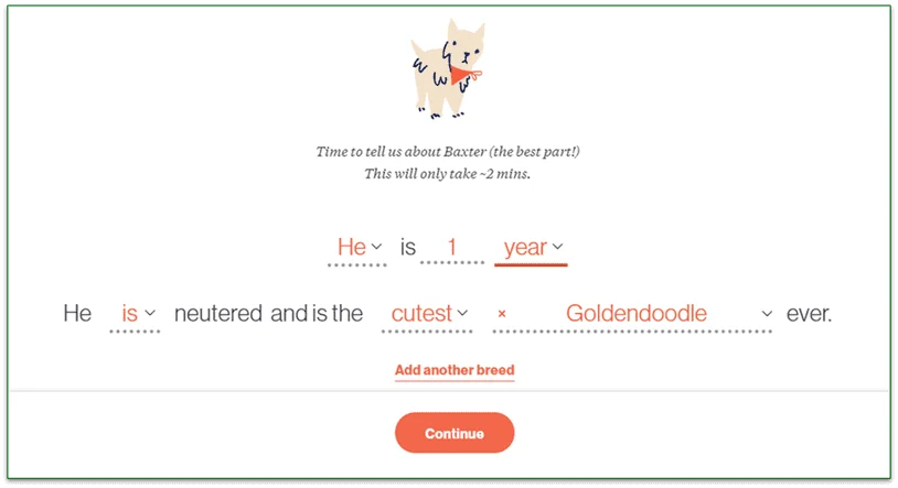Screenshot of The Farmer's Dog questionnaire with dropdown answers to complete including age and breed