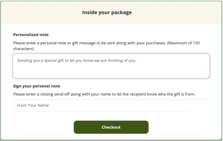 Screenshot of the Spoonful of Comfort Personalized Note window