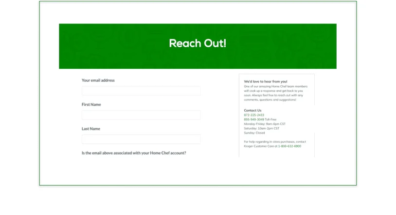 A screenshot of Home Chef's Contact Us page, which is also the Fresh and Easy contact us page.