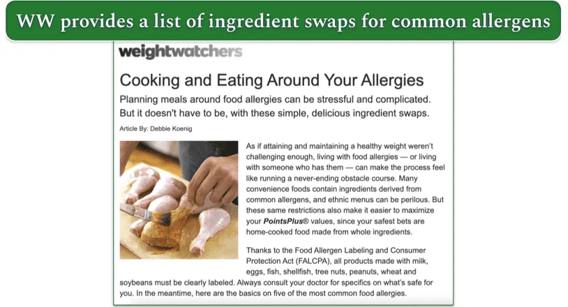 A WW page with allergy information