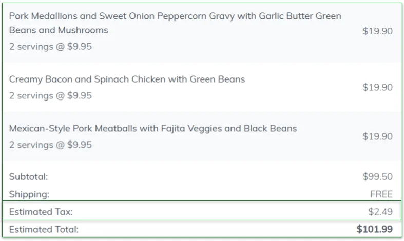 Screenshot of a Home Chef estimated order total including tax
