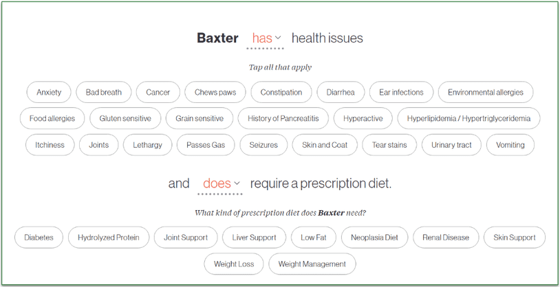 Screenshot of The Farmer's Dog health issue and prescription diet options