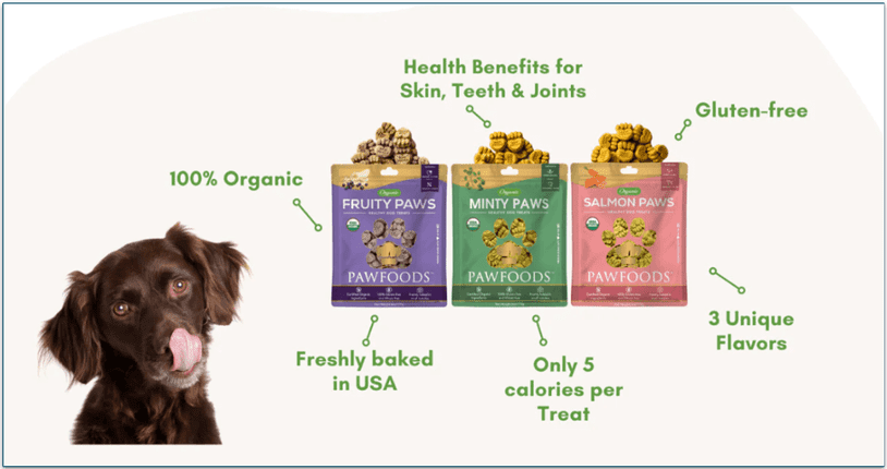 Image of 3 packs of dog food treats next to a dog licking its lips, the treats are surrounded with text describing the key features of the treats