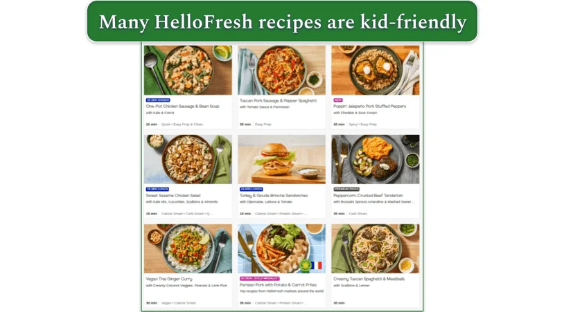 Screenshot of HelloFresh's menu, showing several kid-friendly recipes