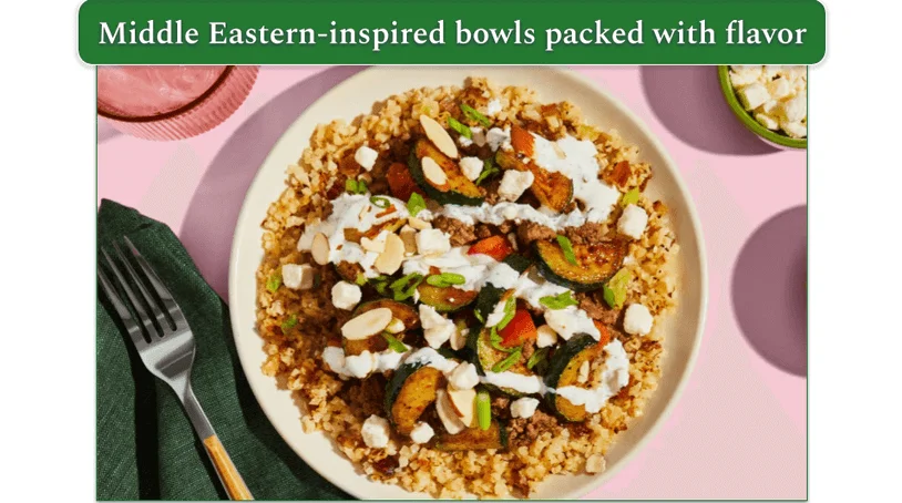 Middle Eastern–Style Beef & Rice Bowls, as presented on Green Chef