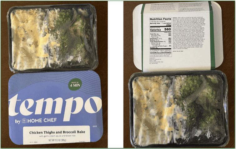 Photos showing the front and back of the Chicken Thighs and Broccoli Bake packaging before heating