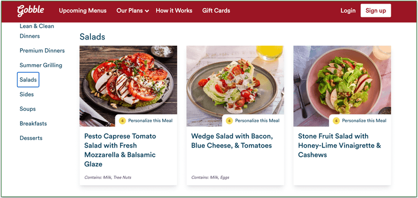 Gobble’s menu has a Salads section