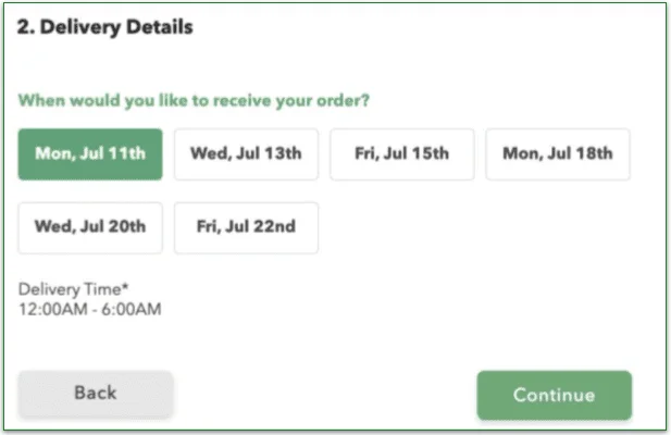 epicured, delivery date options