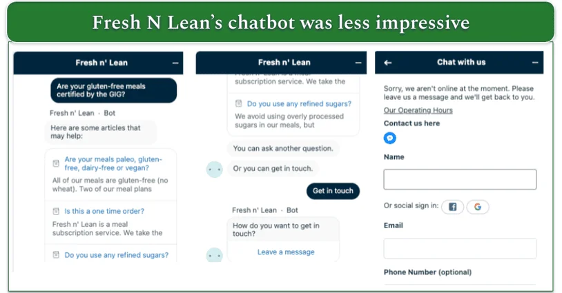 Screenshot of conversation with Fresh N Lean chat bot