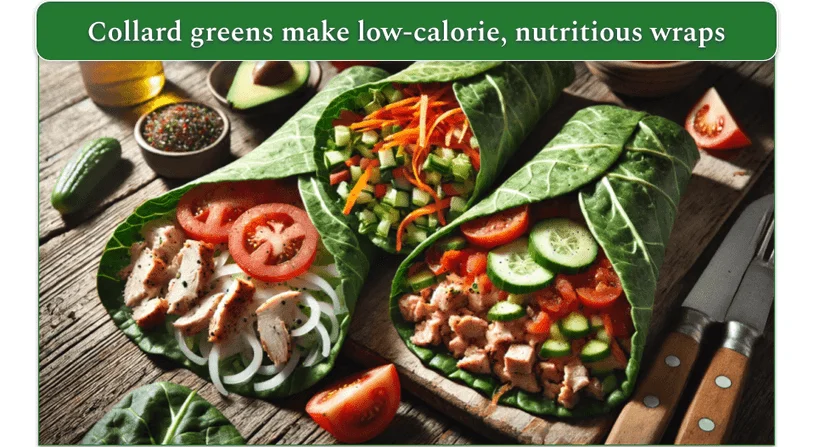 An image showing collard greens used as wraps for meat and plant-based meals
