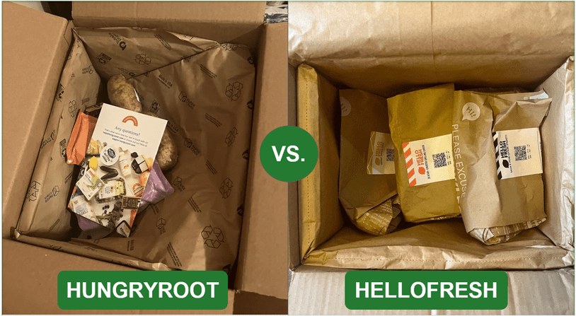 The interior of a newly opened Hungryroot shipment compared to the interior of a HelloFresh package
