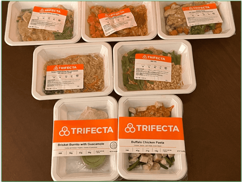 Trifecta box with a selection of meals in trays