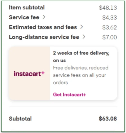 The final cost breakdown for purchases via Instacart