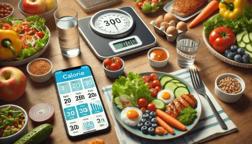 Plate of food next to a calorie counting app on a phone and some scales