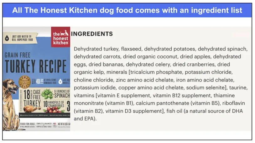 Ingredient list for The Honest Kitchen's Grain-Free Turkey Recipe