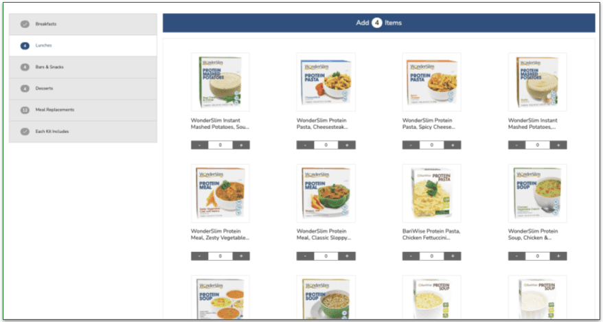 A screen shot of WonderSlim's menu selection section
