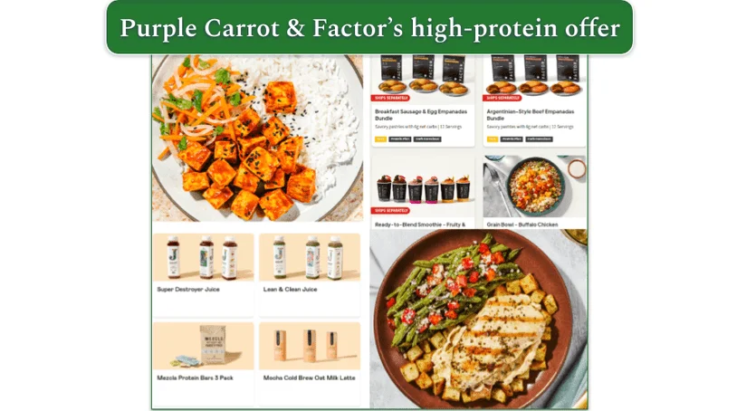 Image of Purple Carrot and Factors offer of high-protein foods and add-ons