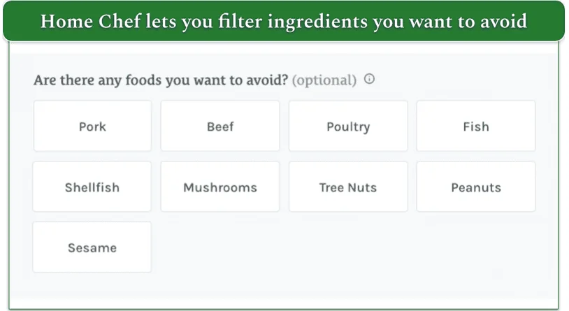 Screenshot of Home Chef's allergen filters