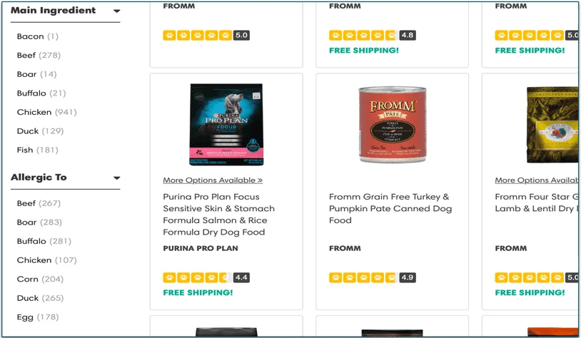 Filters can help you find food that’s right for your dog