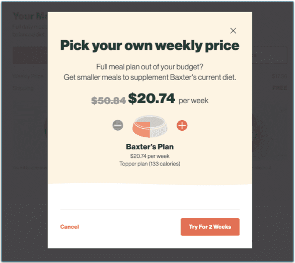Screenshot of a pop up on The Farmer's Dog with a topper plan option showing the price reduction from $76.64 to $28.54 per week for Baxter's plan