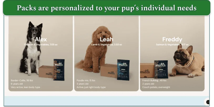 Screenshot from Mills website of 3 different dog breeds next to different size Mills packs with their basic details