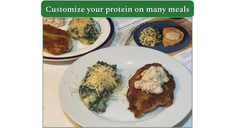 Reviewers own image of crispy chicken with black garlic crema. This was customized with antibiotic-free chicken breasts.