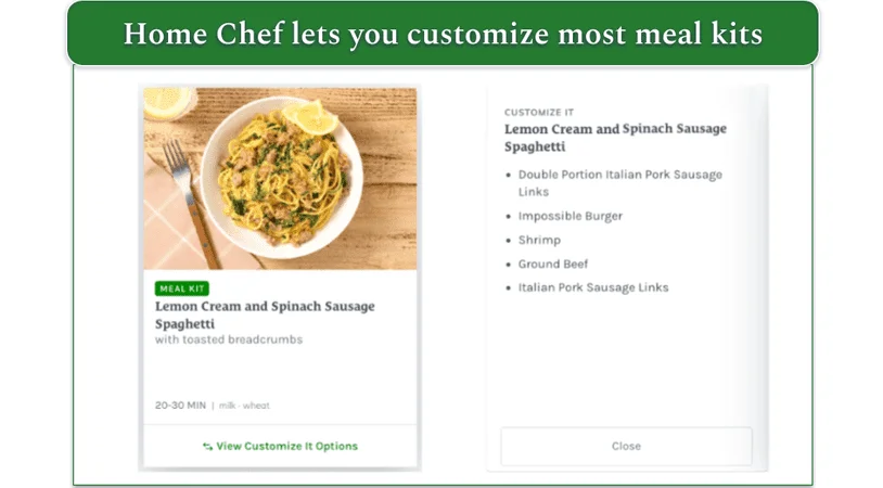A screenshot of Home Chef's Customize It options