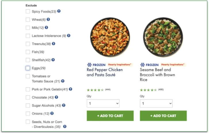 Nutrisystem menu with the filters highlighted in a red box