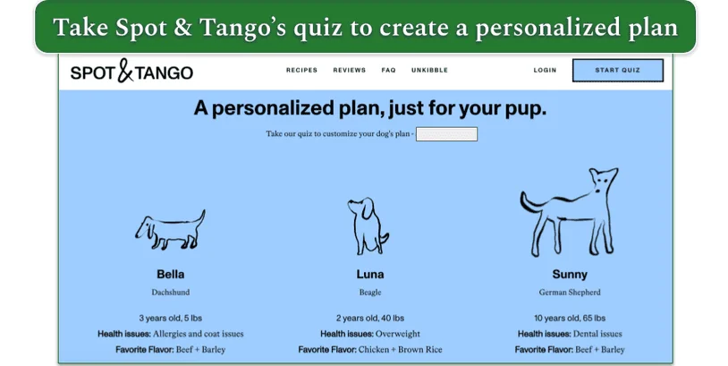 Screenshot of Spot & Tango’s website showing 3 plans for different breeds