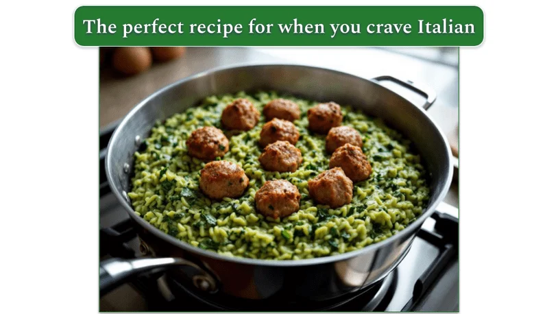 Garlicky Meatballs and Spinach Risotto in a saucepan