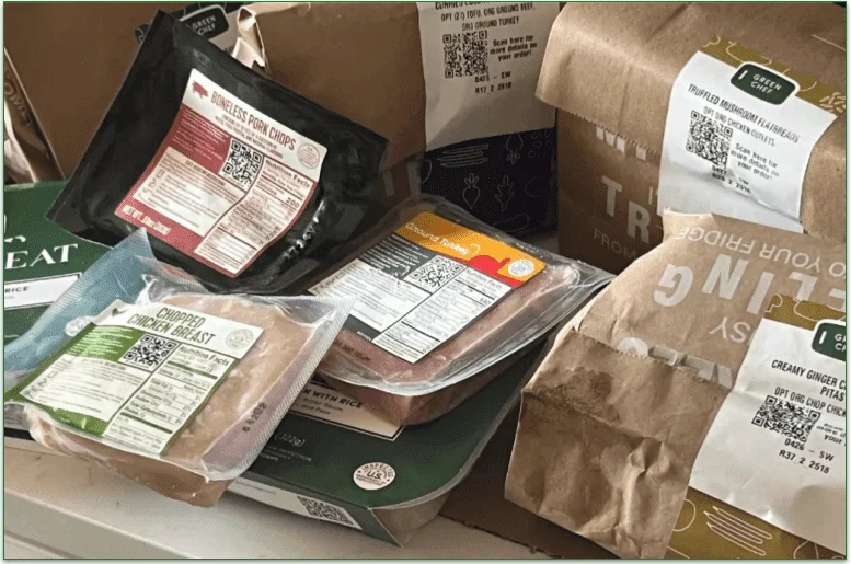 Raw ingredients and recipe bags from a Green Chef delivery