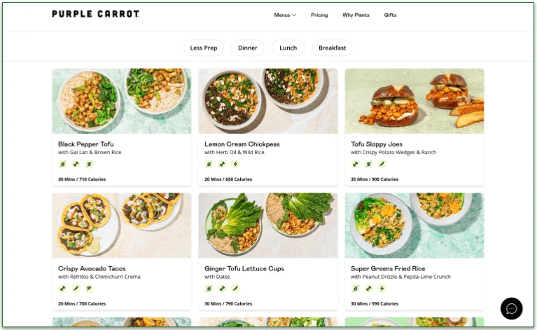 Screenshot of Purple Carrot's menu