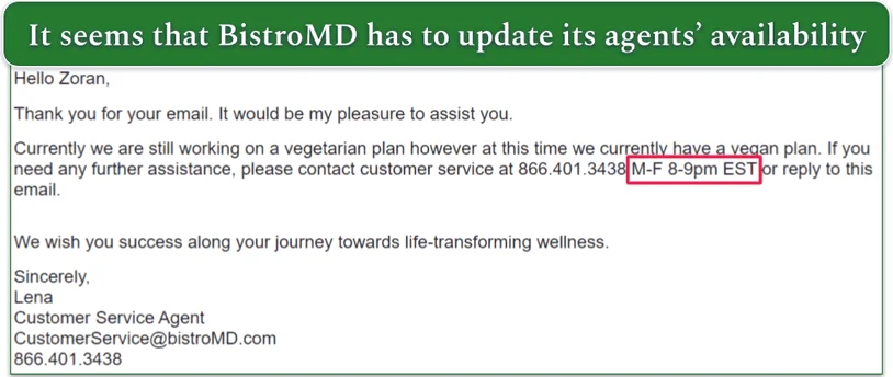 A response from BistroMD's customer service agent